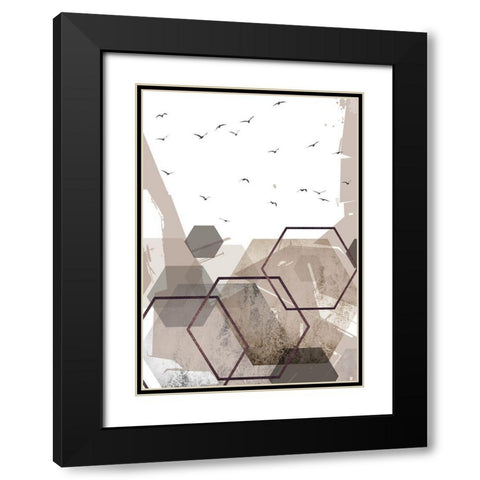 Abstract Hexagons Beige 2 Black Modern Wood Framed Art Print with Double Matting by Urban Epiphany