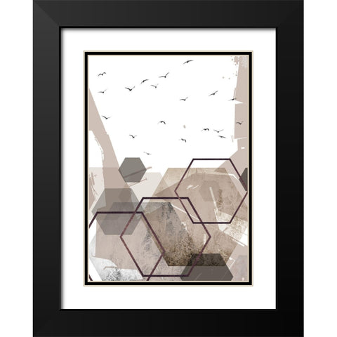 Abstract Hexagons Beige 2 Black Modern Wood Framed Art Print with Double Matting by Urban Epiphany