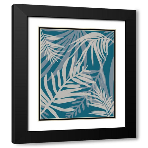 Teal and Beige Glam Leaves Black Modern Wood Framed Art Print with Double Matting by Urban Epiphany