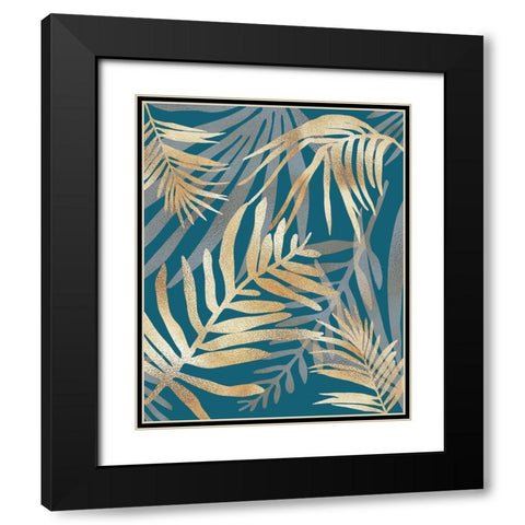 Glam Leaves Teal Black Modern Wood Framed Art Print with Double Matting by Urban Epiphany