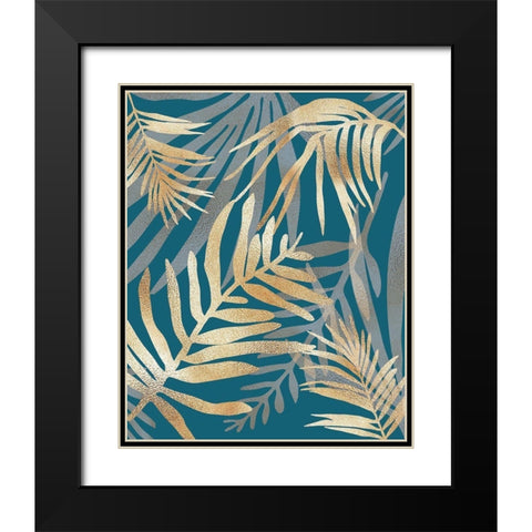 Glam Leaves Teal Black Modern Wood Framed Art Print with Double Matting by Urban Epiphany
