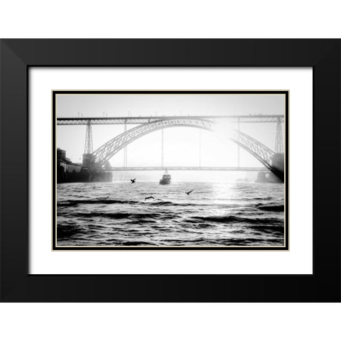 Portugal Porto BW Bridge Black Modern Wood Framed Art Print with Double Matting by Kostka, Vladimir