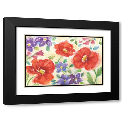 Summer Peonies, Red Black Modern Wood Framed Art Print with Double Matting by Nan