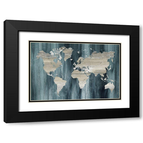 Navy World Map Black Modern Wood Framed Art Print with Double Matting by Nan