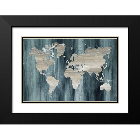 Navy World Map Black Modern Wood Framed Art Print with Double Matting by Nan