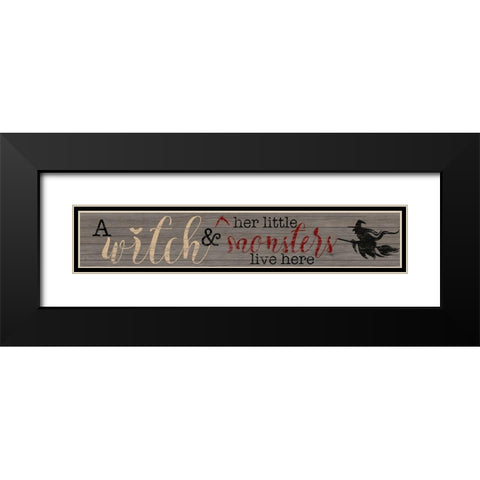 Witch and Her Little Monsters Black Modern Wood Framed Art Print with Double Matting by CAD Designs