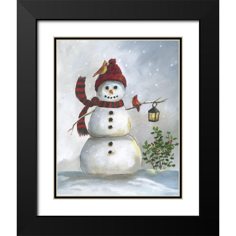 Snowman and Cardinal I Black Modern Wood Framed Art Print with Double Matting by Nan