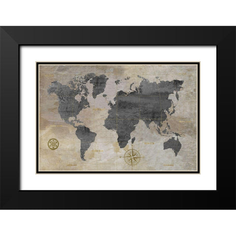 Modeled World Map Black Modern Wood Framed Art Print with Double Matting by Nan