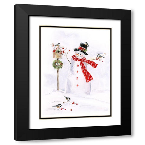 Snowman and Chickadee Friends I Black Modern Wood Framed Art Print with Double Matting by Swatland, Sally