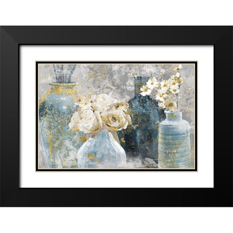 Vessels and Blooms Blues Black Modern Wood Framed Art Print with Double Matting by Nan