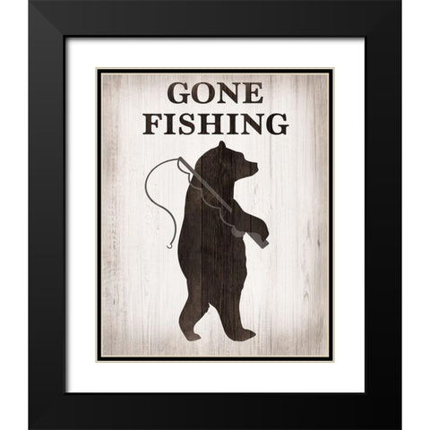 Bear Gone Fishing Black Modern Wood Framed Art Print with Double Matting by CAD Designs
