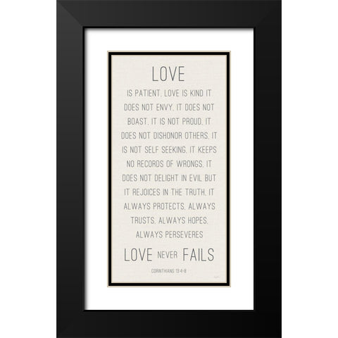 Love Never Fails Black Modern Wood Framed Art Print with Double Matting by Carpentieri, Natalie