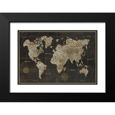 Safari World Map Black Modern Wood Framed Art Print with Double Matting by Nan