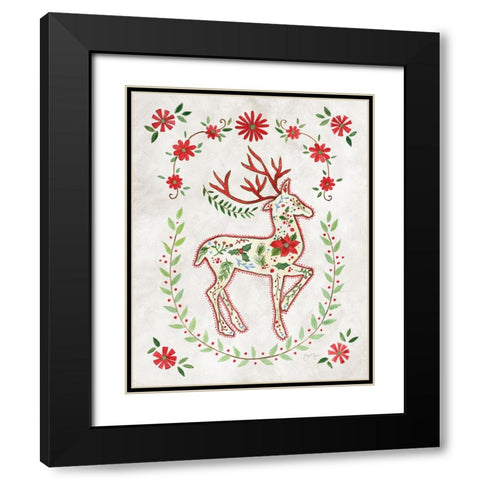 Christmas Folk Reindeer Black Modern Wood Framed Art Print with Double Matting by Tava Studios