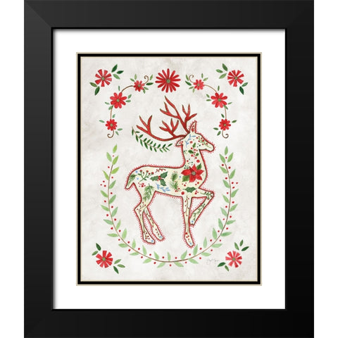 Christmas Folk Reindeer Black Modern Wood Framed Art Print with Double Matting by Tava Studios
