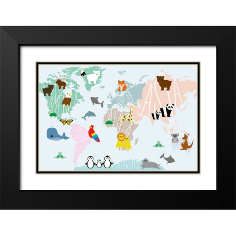 Animal Map Black Modern Wood Framed Art Print with Double Matting by Santiago, Daniela