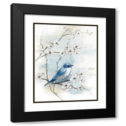 Blossoms and Bluebird I Black Modern Wood Framed Art Print with Double Matting by Nan