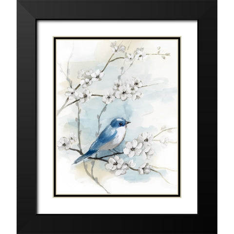 Blossoms and Bluebird I Black Modern Wood Framed Art Print with Double Matting by Nan