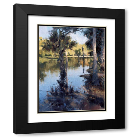 Palms on Water I Black Modern Wood Framed Art Print with Double Matting by Moore, Larry