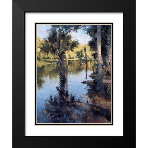 Palms on Water I Black Modern Wood Framed Art Print with Double Matting by Moore, Larry