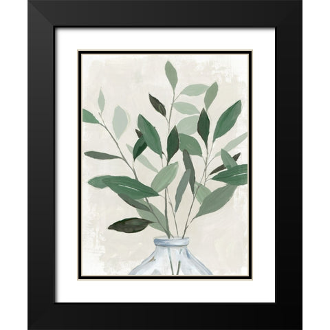 Green Leaves Vase I Black Modern Wood Framed Art Print with Double Matting by Aria K