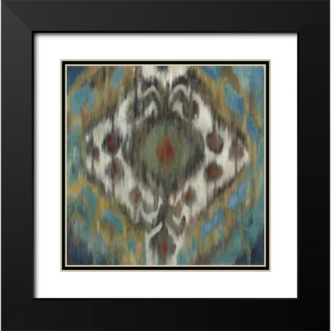 Peacock Ikat Black Modern Wood Framed Art Print with Double Matting by PI Studio