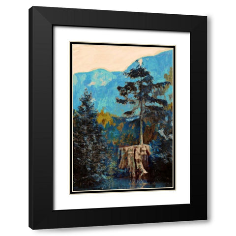 Pine on Blue Black Modern Wood Framed Art Print with Double Matting by PI Studio