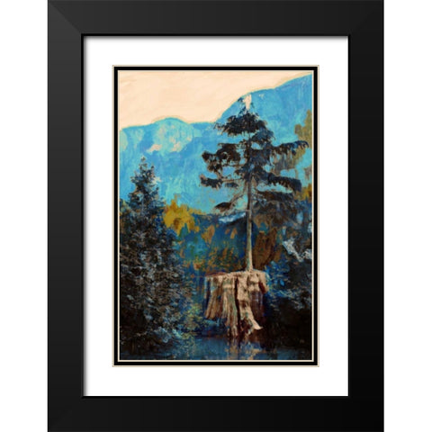 Pine on Blue Black Modern Wood Framed Art Print with Double Matting by PI Studio