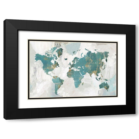 Teal World Map  Black Modern Wood Framed Art Print with Double Matting by Collabera, Pamela