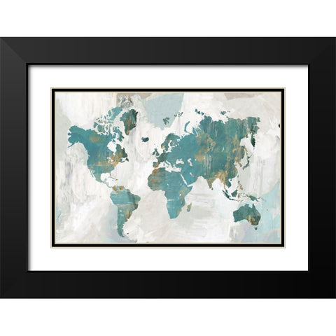 Teal World Map  Black Modern Wood Framed Art Print with Double Matting by Collabera, Pamela