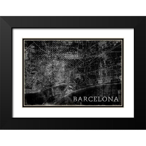 Map Barcelona Black Black Modern Wood Framed Art Print with Double Matting by PI Studio