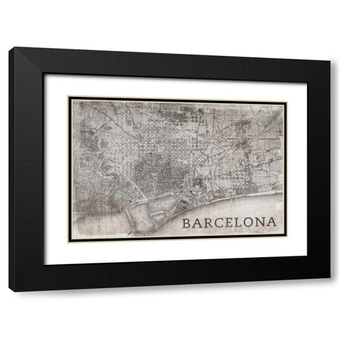 Map Barcelona Beige Black Modern Wood Framed Art Print with Double Matting by PI Studio