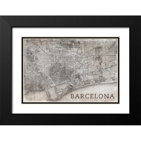 Map Barcelona Beige Black Modern Wood Framed Art Print with Double Matting by PI Studio