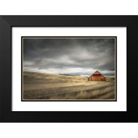 Old Barn in the Winter Field Black Modern Wood Framed Art Print with Double Matting by Schwartz, Don