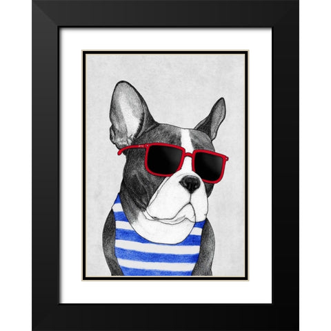Frenchie Summer Style Black Modern Wood Framed Art Print with Double Matting by Barruf