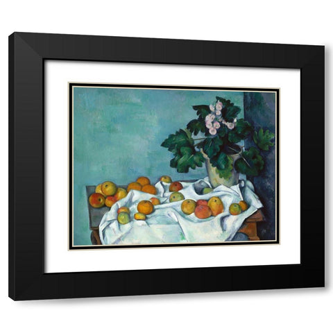 Still Life with Apples and a Pot of Primroses Black Modern Wood Framed Art Print with Double Matting by Cezanne, Paul
