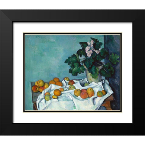 Still Life with Apples and a Pot of Primroses Black Modern Wood Framed Art Print with Double Matting by Cezanne, Paul