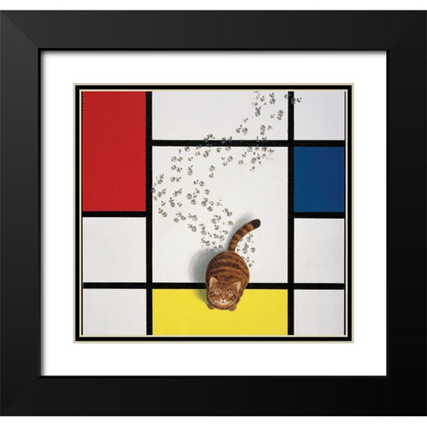 Mondrian Cat Black Modern Wood Framed Art Print with Double Matting by Chameleon Design, Inc.