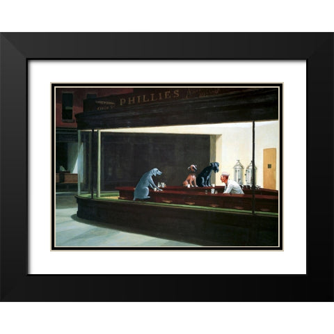 Hopper Night Hounds Black Modern Wood Framed Art Print with Double Matting by Chameleon Design, Inc.