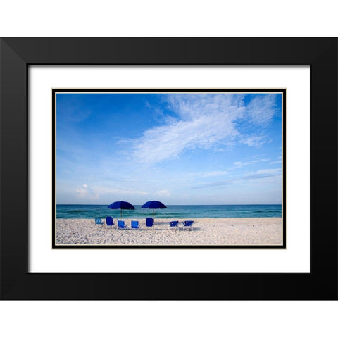 Blue Chairs and Umbrellas Black Modern Wood Framed Art Print with Double Matting by Cannon, George