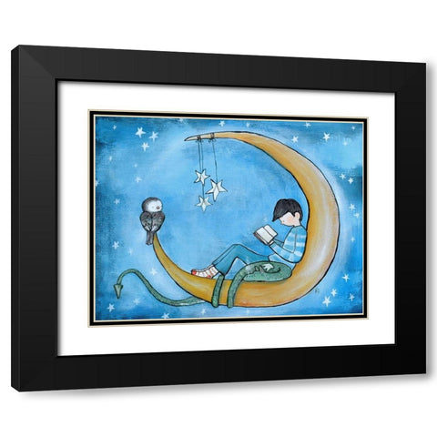 Boy Reading On Moon Black Modern Wood Framed Art Print with Double Matting by Doss, Andrea