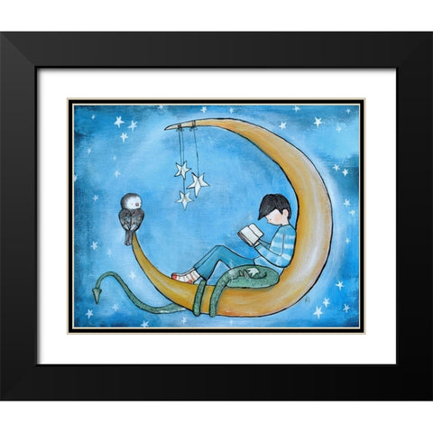 Boy Reading On Moon Black Modern Wood Framed Art Print with Double Matting by Doss, Andrea