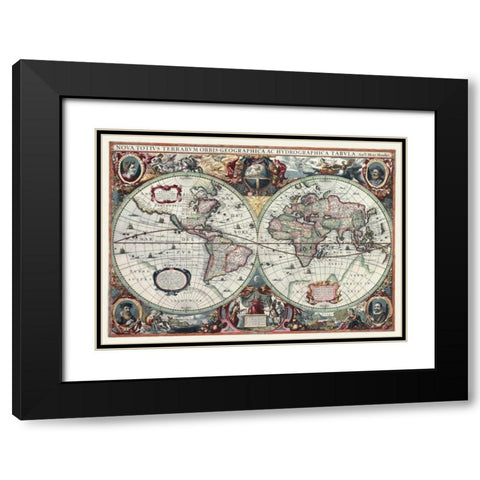 Nova Totius Terrarum Orbis Tabula Black Modern Wood Framed Art Print with Double Matting by Hondius, Hendrik