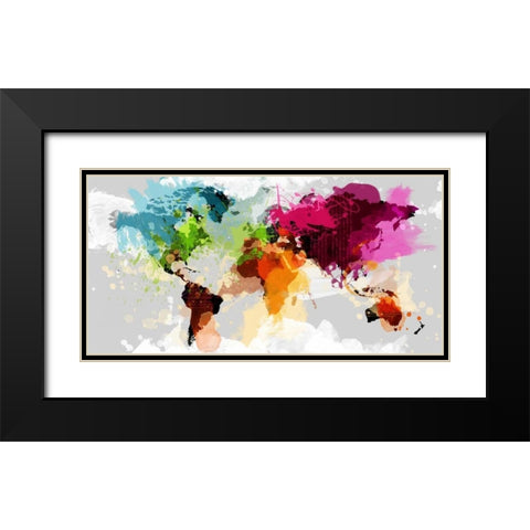 Colourful World Map Black Modern Wood Framed Art Print with Double Matting by GraphINC