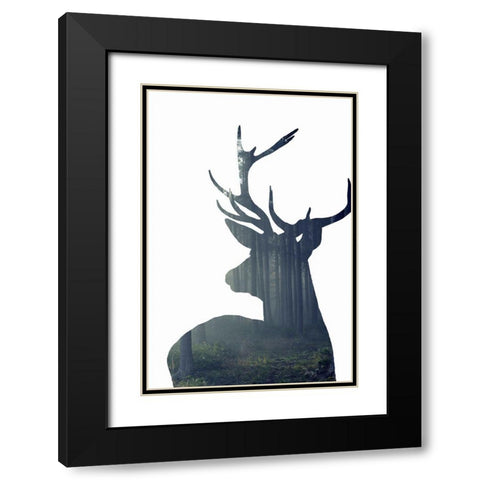 Forest Deer Silhouette Black Modern Wood Framed Art Print with Double Matting by Incado