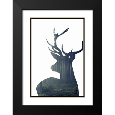 Forest Deer Silhouette Black Modern Wood Framed Art Print with Double Matting by Incado