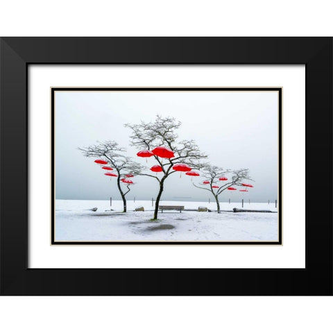 Red Umbrellas Black Modern Wood Framed Art Print with Double Matting by Kostka, Vladimir