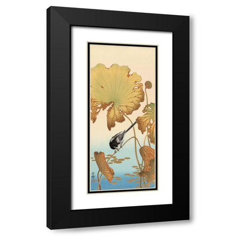 Japanese Wagtail on Lotus Plant, 1925-1936 Black Modern Wood Framed Art Print with Double Matting by Koson, Ohara