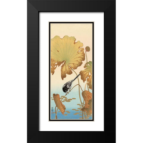 Japanese Wagtail on Lotus Plant, 1925-1936 Black Modern Wood Framed Art Print with Double Matting by Koson, Ohara