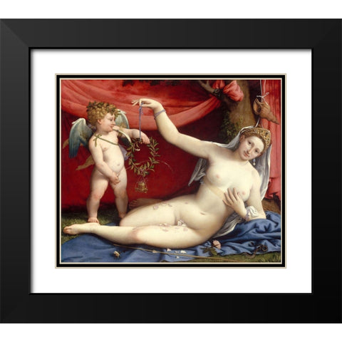Venus and Cupid Black Modern Wood Framed Art Print with Double Matting by Lotto, Lorenzo